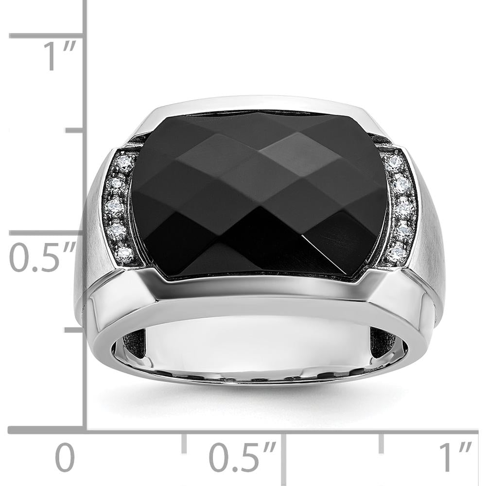14K White Gold Men's Faceted Onyx and Diamond Ring with Polished and Satin Band - 1/10 Carat Total Diamond Weight by IBGoodman