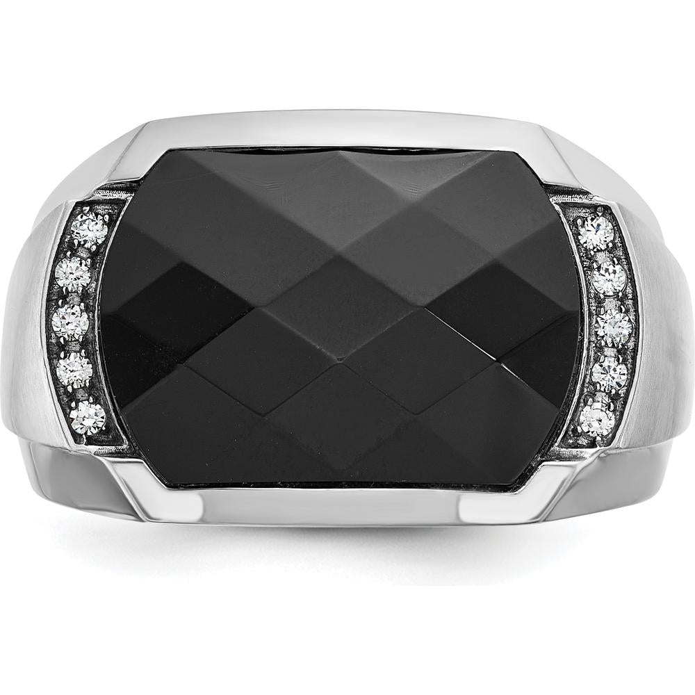 14K White Gold Men's Faceted Onyx and Diamond Ring with Polished and Satin Band - 1/10 Carat Total Diamond Weight by IBGoodman