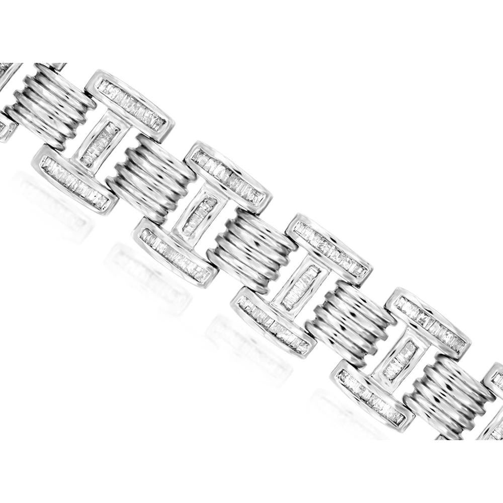 14K White Gold Men's Fancy Link Bracelet with Baguette Cut Diamonds - 4.50 Carat Total Diamond Weight - Royal Jewelry