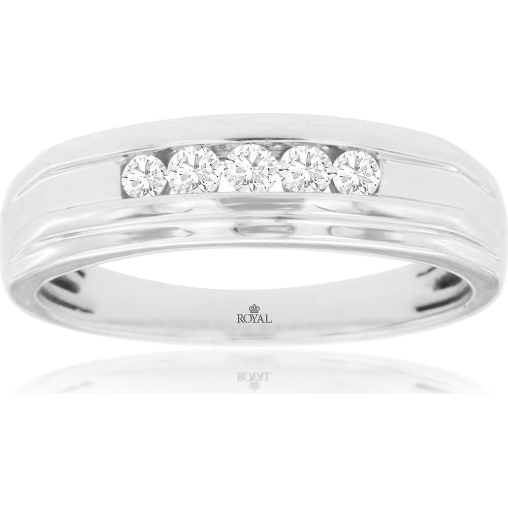 14K White Gold Men's Five-Stone Diamond Band with Channel-Set Round Diamonds - 0.25 Carat Total Diamond Weight - Royal Jewelry