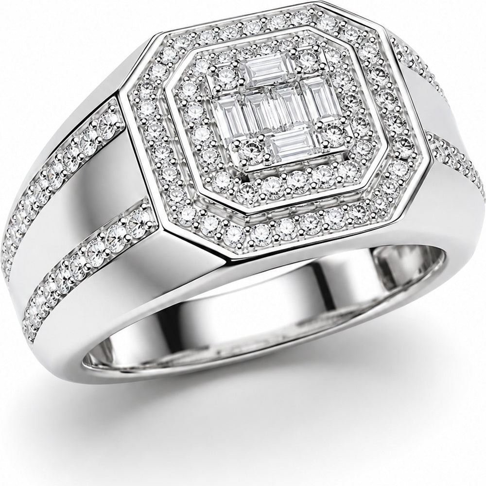 14K White Gold Men's Geometric Cluster Ring with Baguette and Round Diamonds - 1.06 Carat Total Diamond Weight by Auriventus