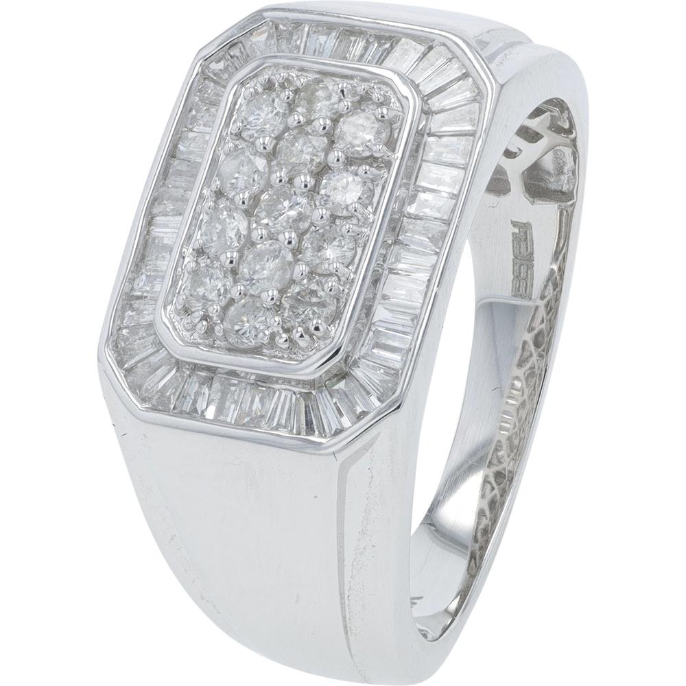14K White Gold Men's Geometric Diamond Ring with Round and Baguette Diamonds - 0.75 Carat Total Diamond Weight