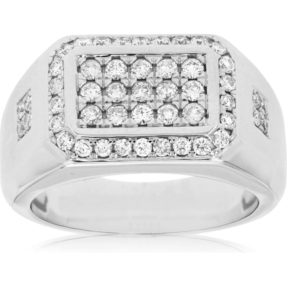 14K White Gold Men's Geometric Halo Ring with Round Brilliant Cut Diamonds - 0.98 Carat Total Diamond Weight - Royal Jewelry