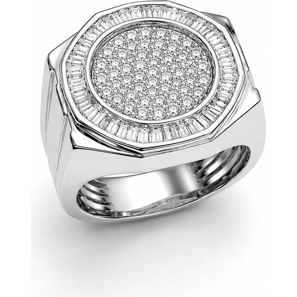 14K White Gold Men's Geometric Octagonal Signet Ring with Pavé Round and Channel Set Baguette Diamonds - 1.00 Carat Total Diamond Weight by Auriventus