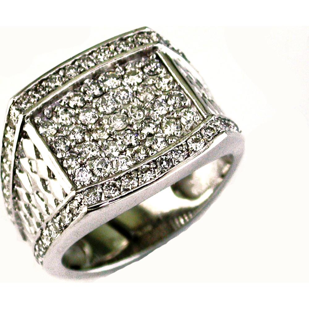 14K White Gold Men's Geometric Ring with Invisible Set Princess Cut Diamonds - 2.28 Carat Total Diamond Weight - Royal Jewelry