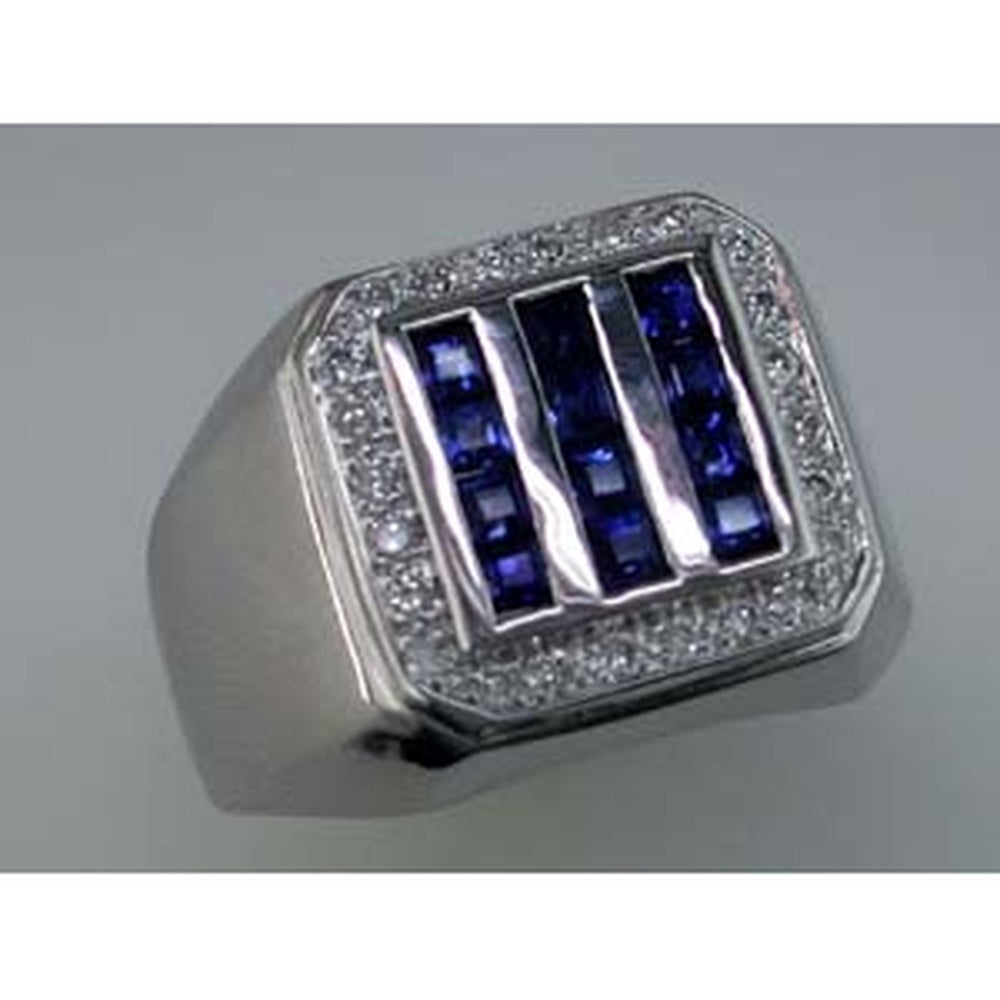 14K White Gold Men's Geometric Ring with Princess Cut Sapphires and Round Diamond Halo - 1.05 Carat Total Sapphire Weight and 0.25 Carat Total Diamond Weight - Royal Jewelry