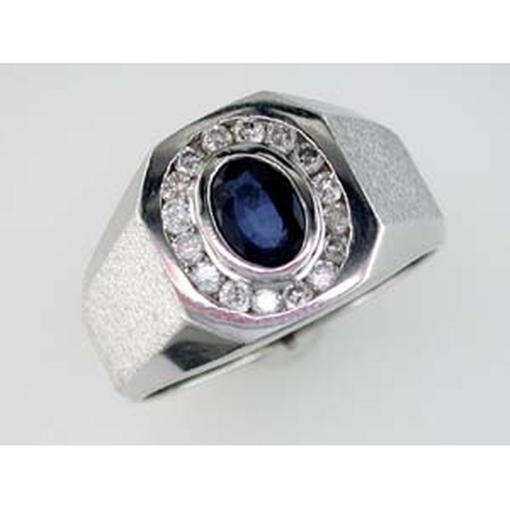 14K White Gold Men's Geometric Signet Ring with 1.00 Carat Oval Sapphire and 0.42 Carat Round Diamond Halo - Royal Jewelry