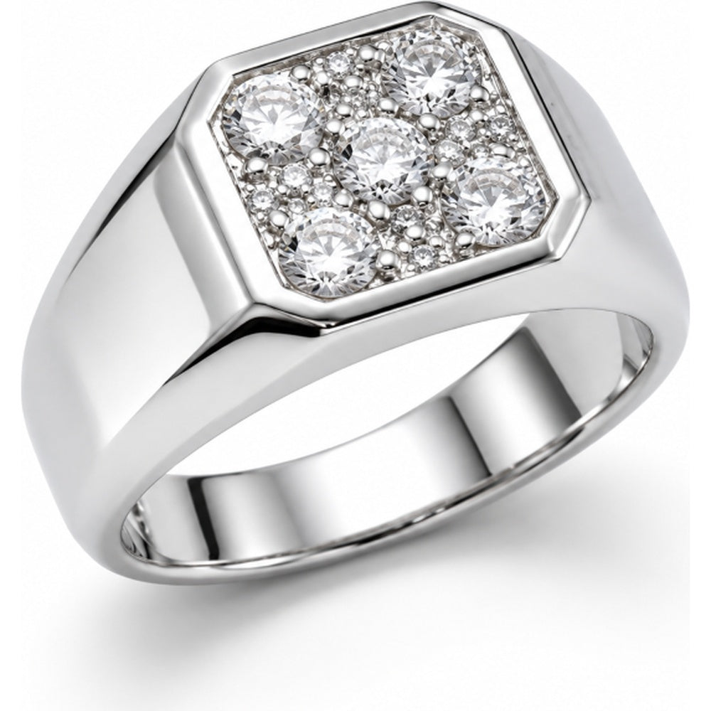 14K White Gold Men's Geometric Signet Ring with Bead Set Round Diamond Cluster - 1.07 Carat Total Diamond Weight by Auriventus