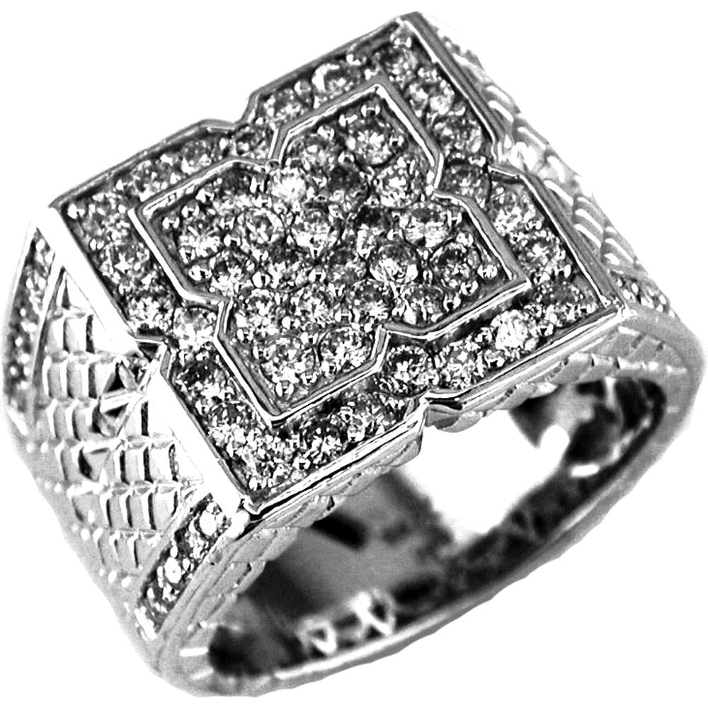14K White Gold Men's Geometric Signet Ring with Invisible Set Round Diamonds - 1.90 Carat Total Diamond Weight - Royal Jewelry