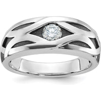 14K White Gold Men's Grooved Band Ring with 0.3 Carat Round Diamond - Polished Satin and Black Rhodium Finish by IBGoodman