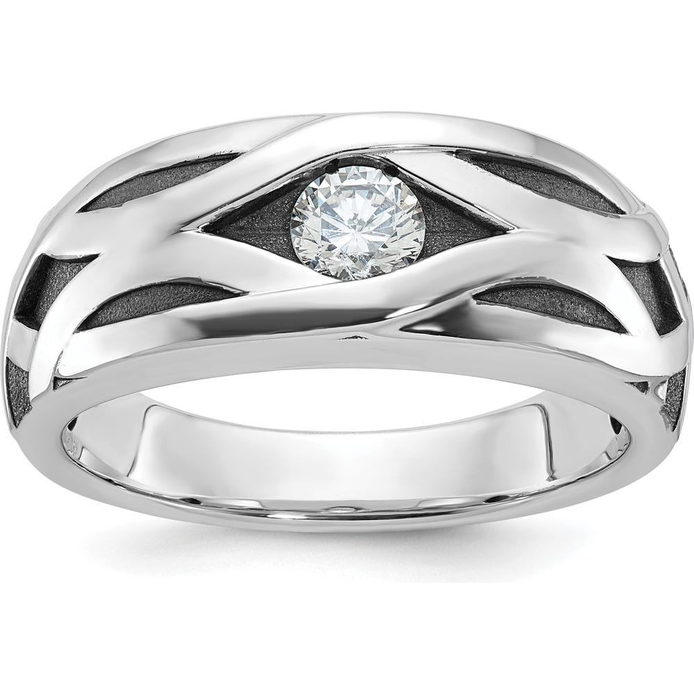 14K White Gold Men's Grooved Band Ring with 0.3 Carat Round Diamond - Polished Satin and Black Rhodium Finish by IBGoodman