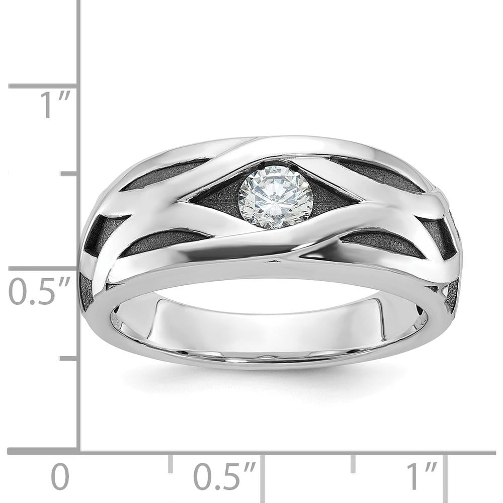 14K White Gold Men's Grooved Band Ring with 0.3 Carat Round Diamond - Polished Satin and Black Rhodium Finish by IBGoodman