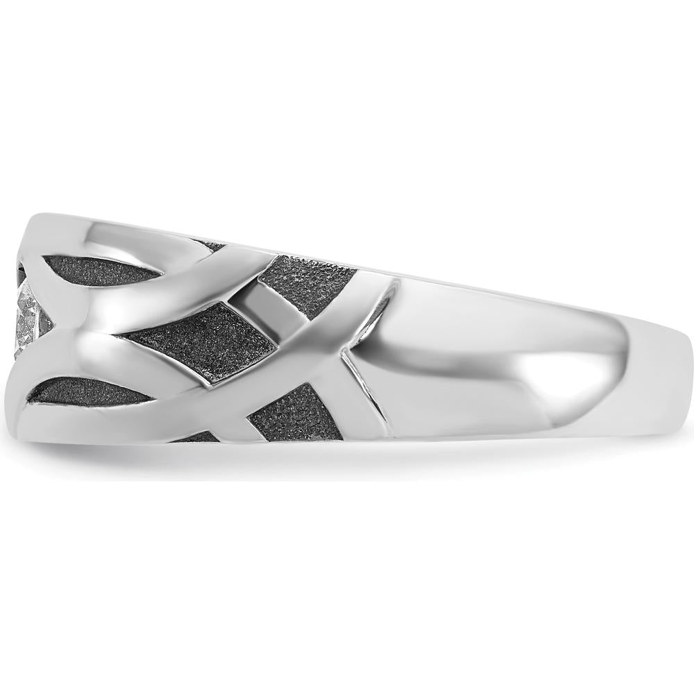 14K White Gold Men's Grooved Band Ring with 0.3 Carat Round Diamond - Polished Satin and Black Rhodium Finish by IBGoodman
