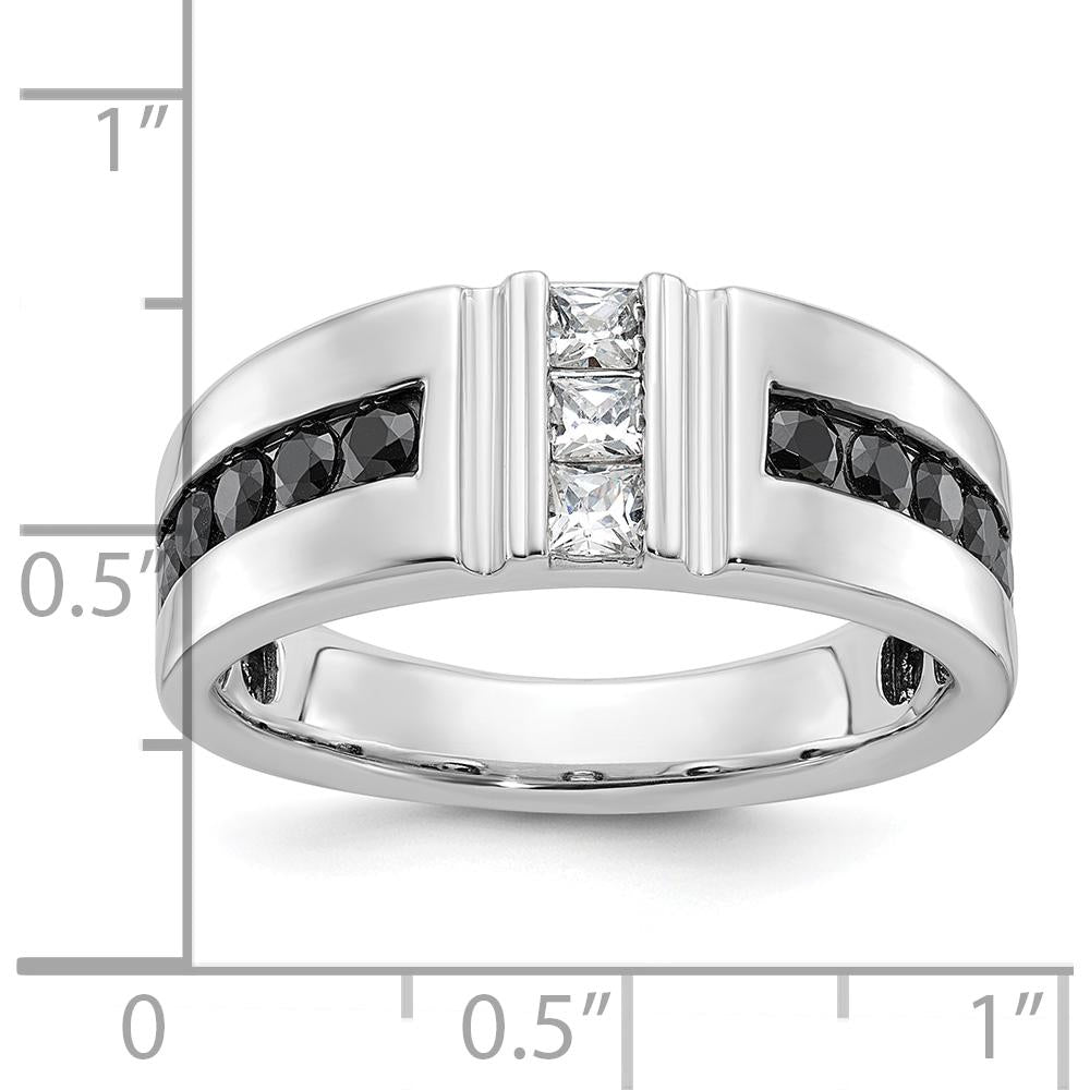 14K White Gold Men's Grooved Band Ring with Black and White Diamonds - 0.16 Carats Total Diamond Weight by IBGoodman