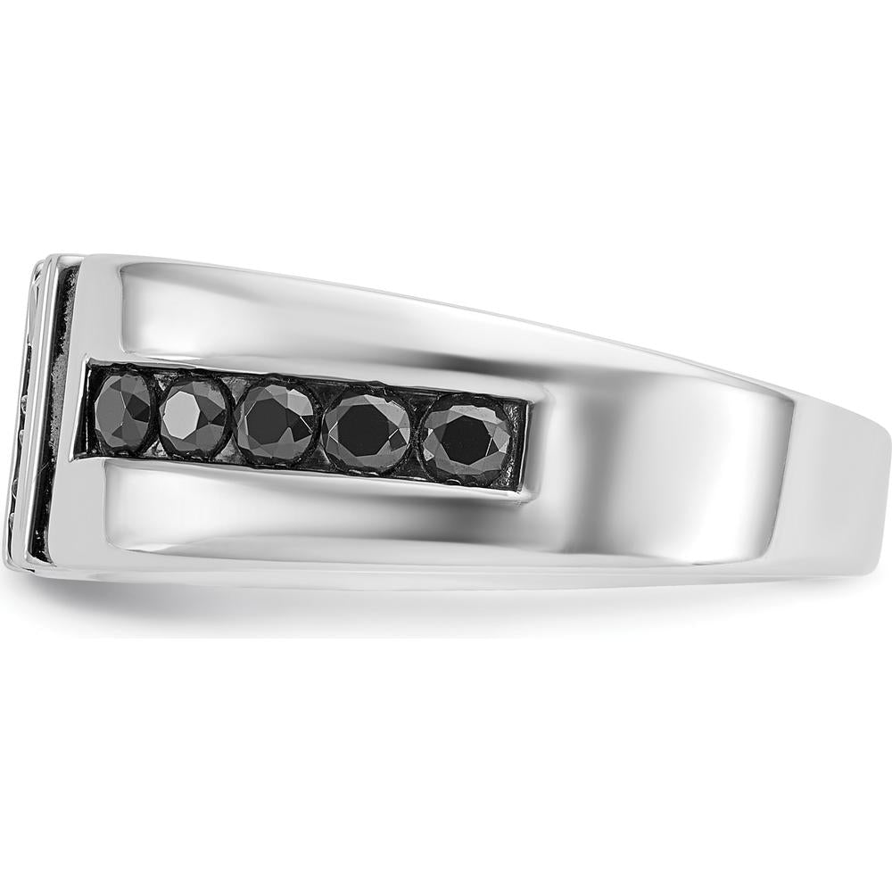 14K White Gold Men's Grooved Band Ring with Black and White Diamonds - 0.16 Carats Total Diamond Weight by IBGoodman