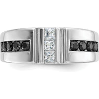 14K White Gold Men's Grooved Band Ring with Black and White Diamonds - 0.16 Carats Total Diamond Weight by IBGoodman