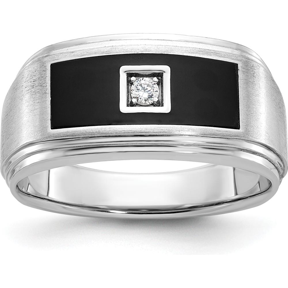 14K White Gold Men's Grooved Satin Ring with Square Diamond - 0.25 Carats Total Diamond Weight by IBGoodman