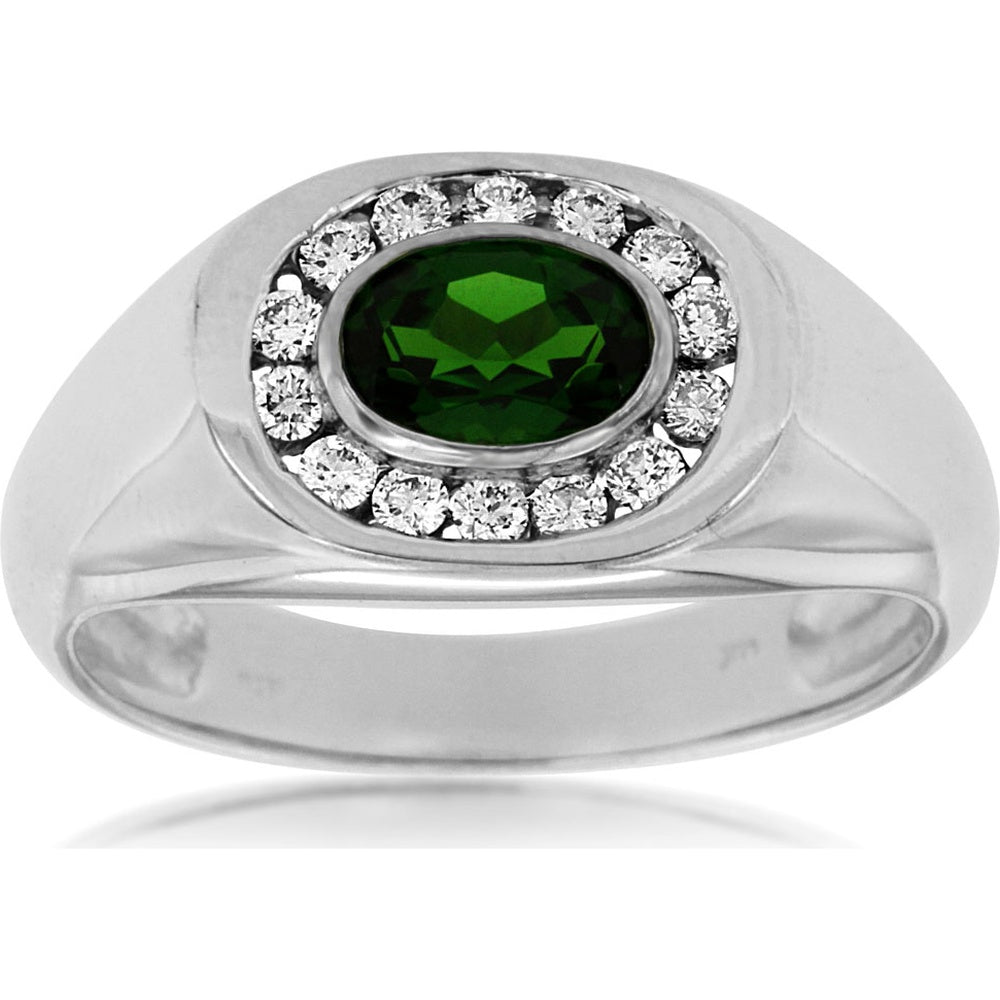 14K White Gold Men's Halo Ring with Oval-Cut Russalite and Round Diamonds - 0.95 Carat Russalite and 0.30 Carat Total Diamond Weight - Royal Jewelry
