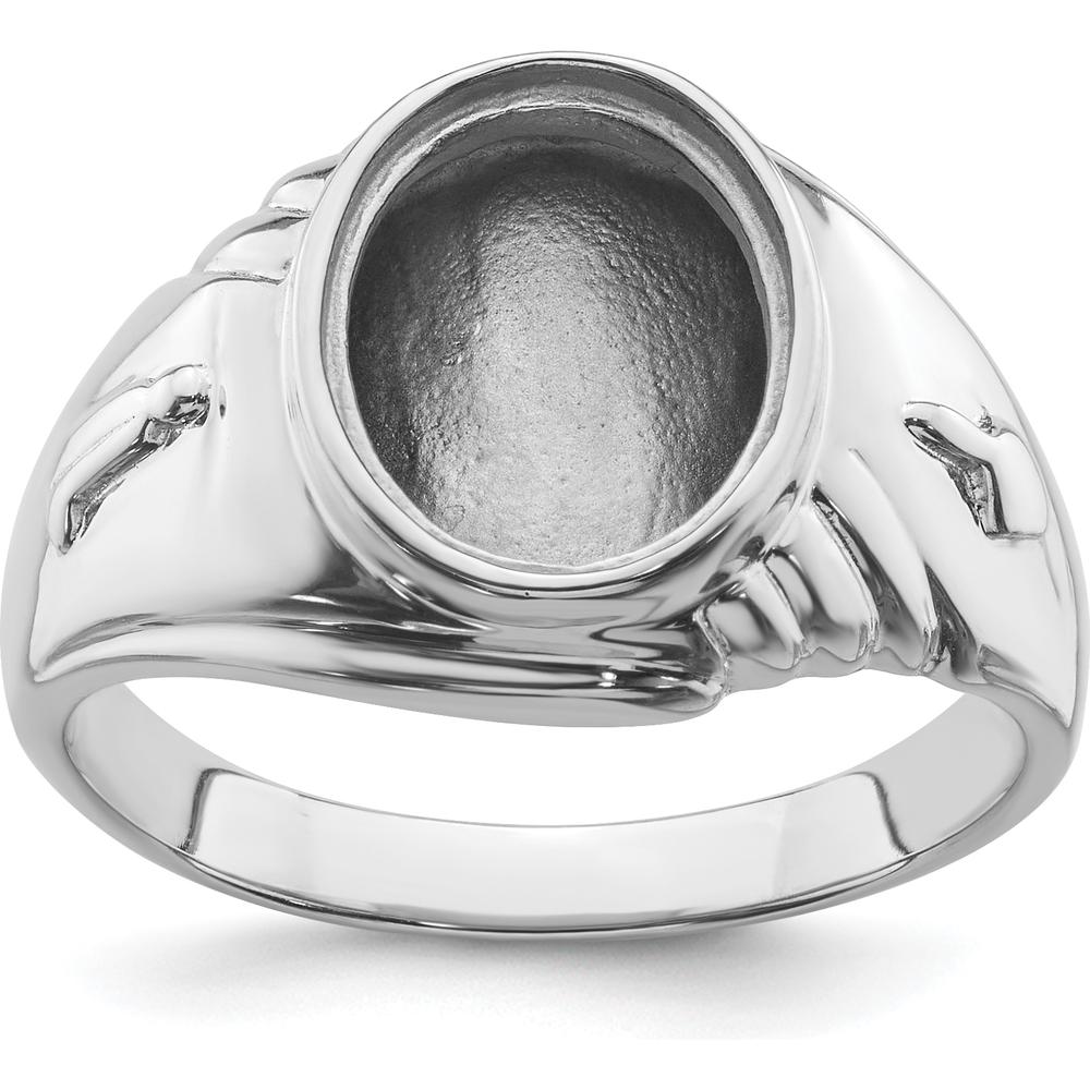 14K White Gold Men's Masonic Ring Mounting with Polished and Textured Finish for 12x10mm Oval Stone by Monteluci Fine Jewelry