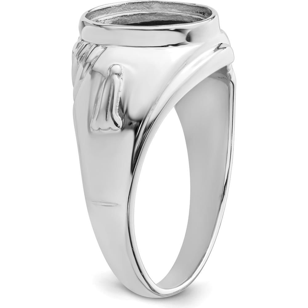 14K White Gold Men's Masonic Ring Mounting with Polished and Textured Finish for 12x10mm Oval Stone by Monteluci Fine Jewelry