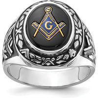 14K White Gold Men's Masonic Ring with 12x10mm Oval Black Onyx Center Stone by IBGoodman