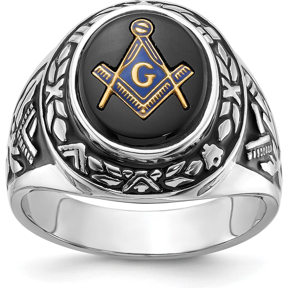 14K White Gold Men's Masonic Ring with 12x10mm Oval Black Onyx Center Stone by IBGoodman