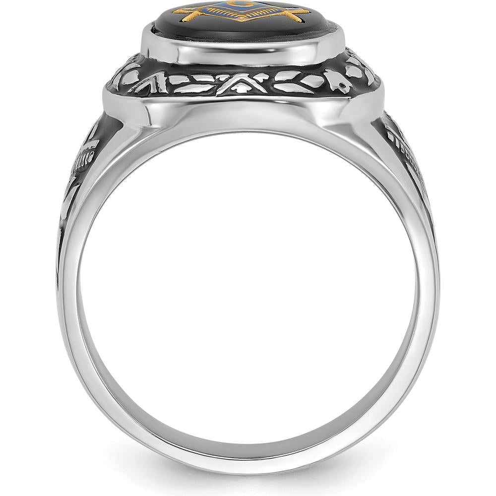 14K White Gold Men's Masonic Ring with 12x10mm Oval Black Onyx Center Stone by IBGoodman