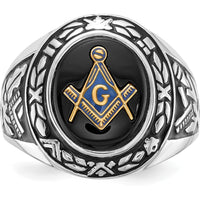 14K White Gold Men's Masonic Ring with 12x10mm Oval Black Onyx Center Stone by IBGoodman