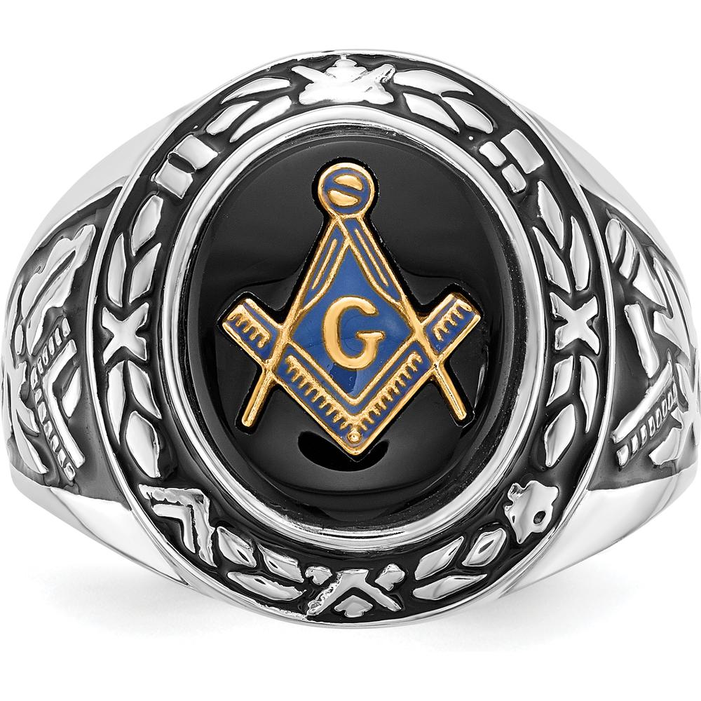 14K White Gold Men's Masonic Ring with 12x10mm Oval Black Onyx Center Stone by IBGoodman