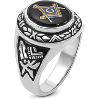 14K White Gold Men's Masonic Ring with 12x10mm Oval Black Onyx Center Stone by IBGoodman
