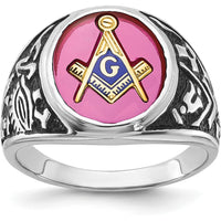 14K White Gold Men's Masonic Ring with 14x12mm Lab-Created Oval Ruby and Antiqued Detailing by IBGoodman