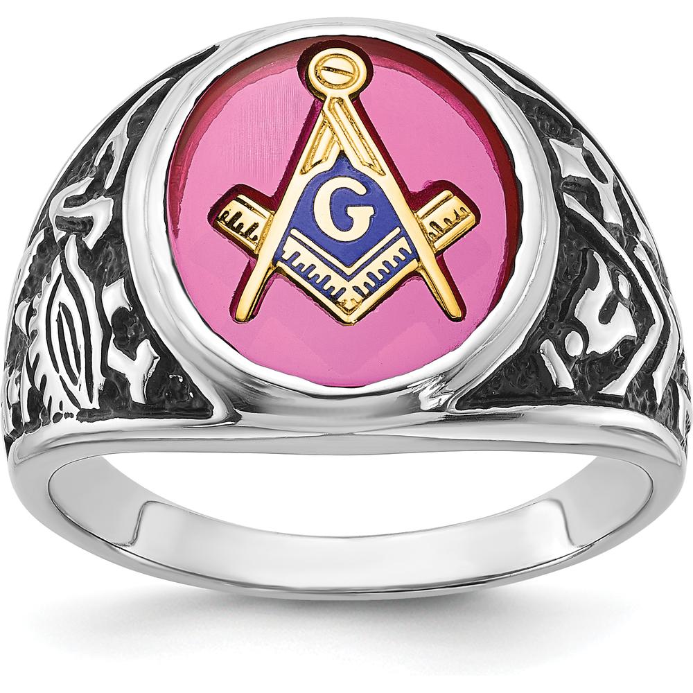 14K White Gold Men's Masonic Ring with 14x12mm Lab-Created Oval Ruby and Antiqued Detailing by IBGoodman