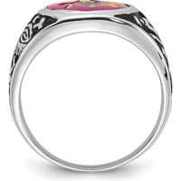 14K White Gold Men's Masonic Ring with 14x12mm Lab-Created Oval Ruby and Antiqued Detailing by IBGoodman
