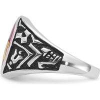 14K White Gold Men's Masonic Ring with 14x12mm Lab-Created Oval Ruby and Antiqued Detailing by IBGoodman