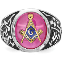 14K White Gold Men's Masonic Ring with 14x12mm Lab-Created Oval Ruby and Antiqued Detailing by IBGoodman
