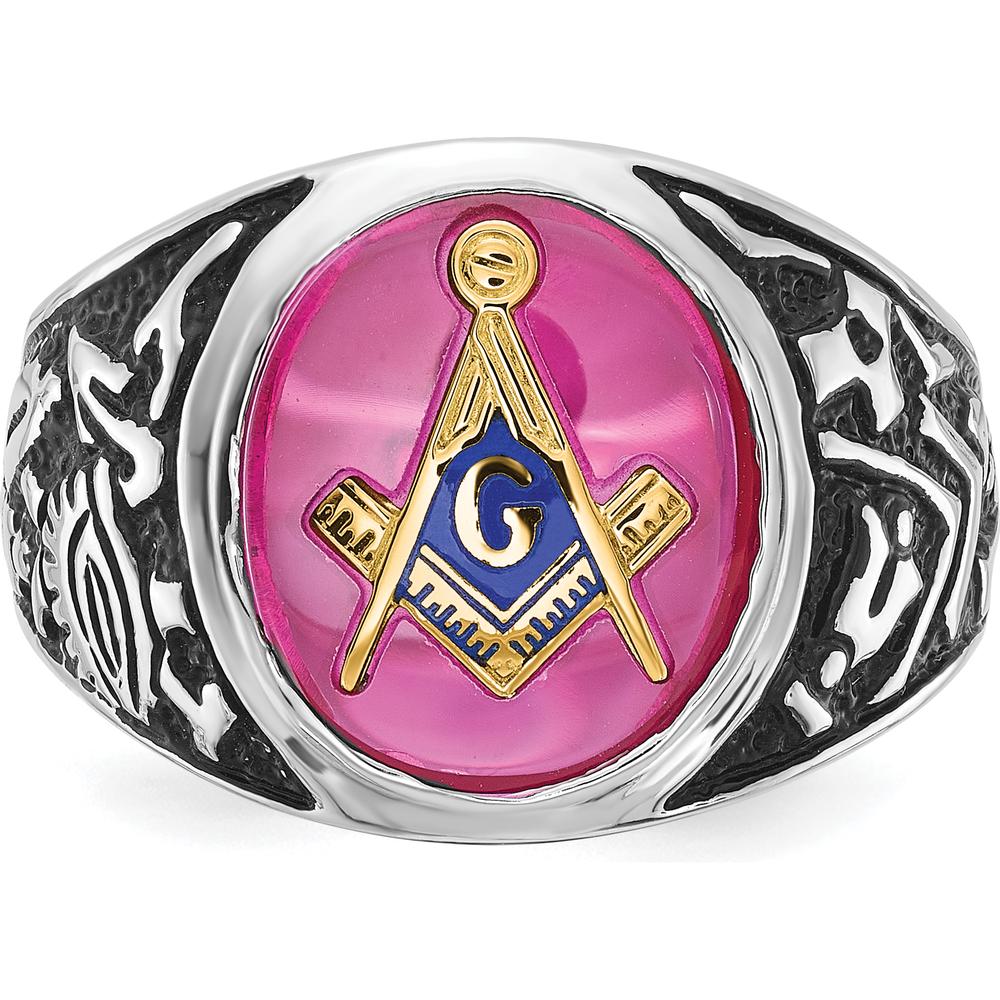 14K White Gold Men's Masonic Ring with 14x12mm Lab-Created Oval Ruby and Antiqued Detailing by IBGoodman
