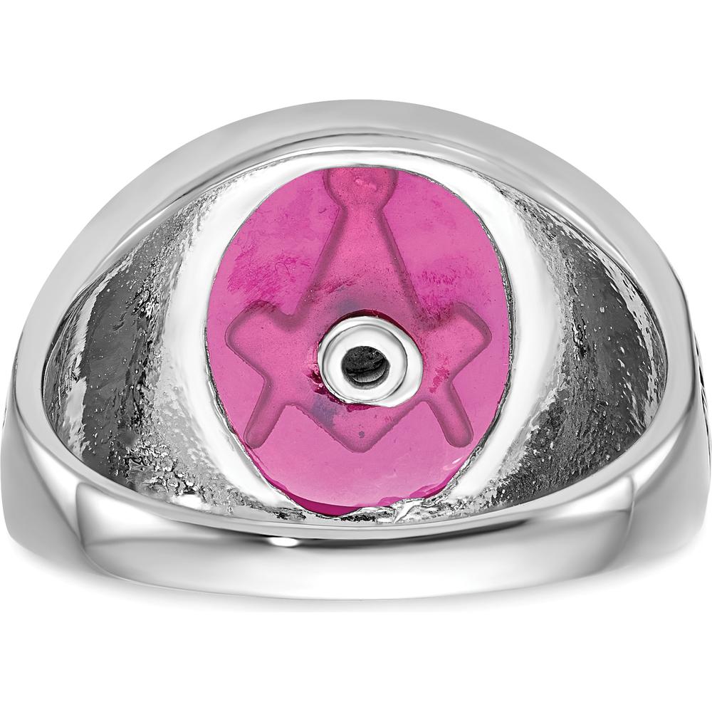14K White Gold Men's Masonic Ring with 14x12mm Lab-Created Oval Ruby and Antiqued Detailing by IBGoodman