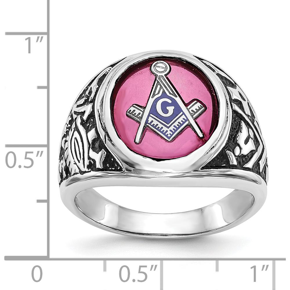14K White Gold Men's Masonic Ring with 14x12mm Lab-Created Oval Ruby and Antiqued Detailing by IBGoodman