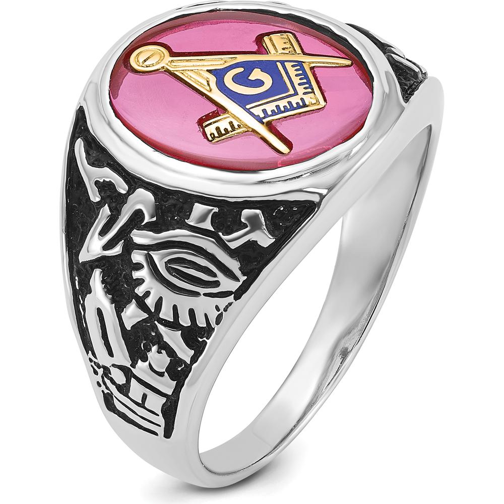14K White Gold Men's Masonic Ring with 14x12mm Lab-Created Oval Ruby and Antiqued Detailing by IBGoodman