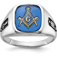 14K White Gold Men's Masonic Ring with Black Enamel and Cushion-Cut Imitation Blue Spinel - Grooved Band by IBGoodman