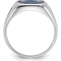 14K White Gold Men's Masonic Ring with Black Enamel and Cushion-Cut Imitation Blue Spinel - Grooved Band by IBGoodman