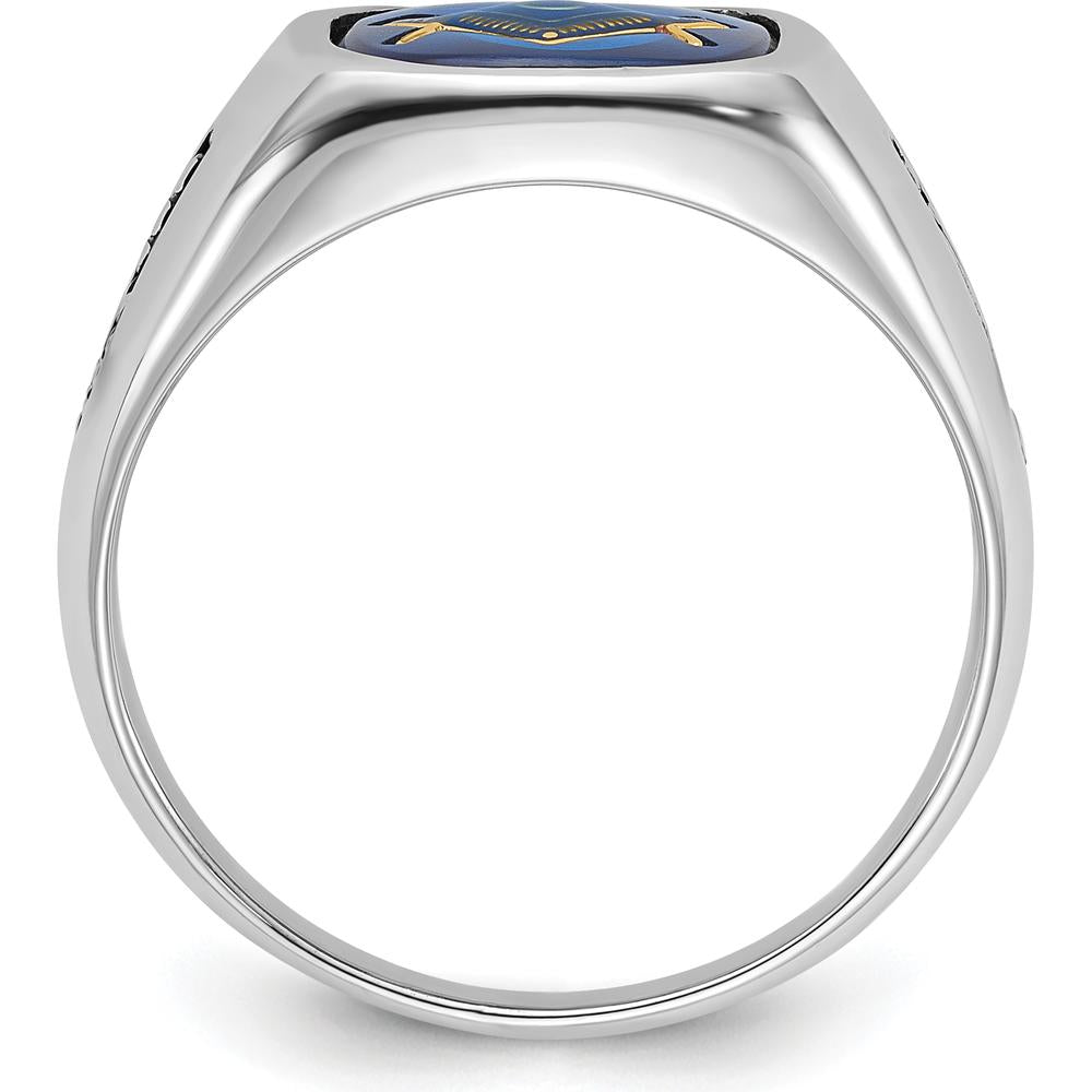 14K White Gold Men's Masonic Ring with Black Enamel and Cushion-Cut Imitation Blue Spinel - Grooved Band by IBGoodman