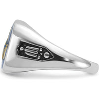 14K White Gold Men's Masonic Ring with Black Enamel and Cushion-Cut Imitation Blue Spinel - Grooved Band by IBGoodman