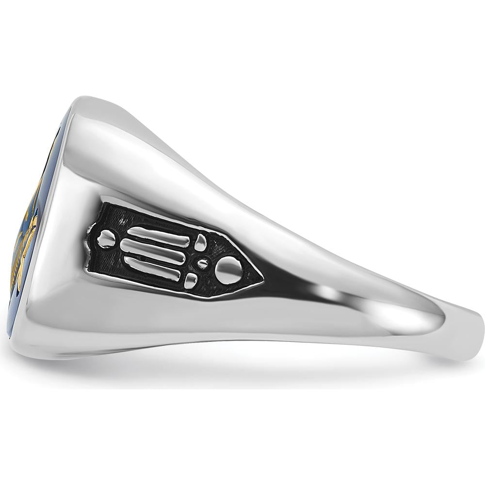 14K White Gold Men's Masonic Ring with Black Enamel and Cushion-Cut Imitation Blue Spinel - Grooved Band by IBGoodman
