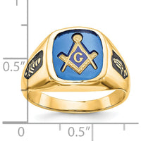 14K White Gold Men's Masonic Ring with Black Enamel and Cushion-Cut Imitation Blue Spinel - Grooved Band by IBGoodman