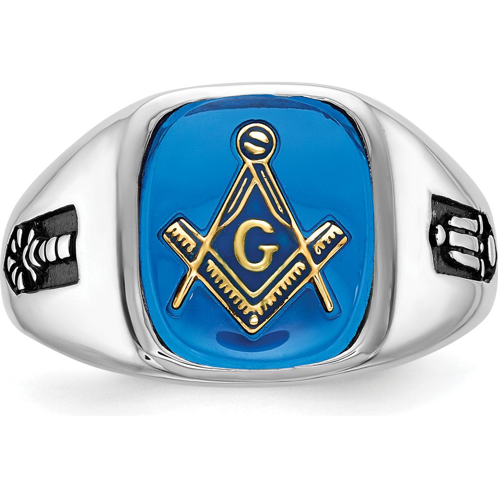 14K White Gold Men's Masonic Ring with Black Enamel and Cushion-Cut Imitation Blue Spinel - Grooved Band by IBGoodman