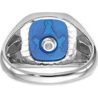 14K White Gold Men's Masonic Ring with Black Enamel and Cushion-Cut Imitation Blue Spinel - Grooved Band by IBGoodman