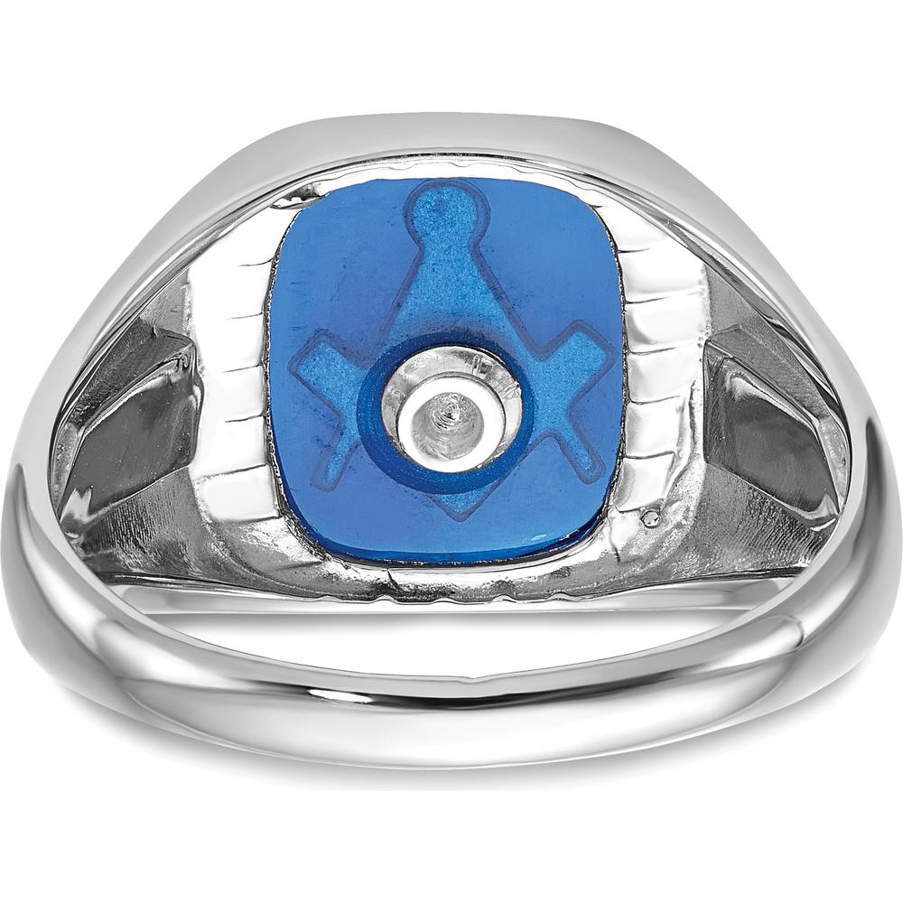 14K White Gold Men's Masonic Ring with Black Enamel and Cushion-Cut Imitation Blue Spinel - Grooved Band by IBGoodman