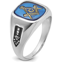 14K White Gold Men's Masonic Ring with Black Enamel and Cushion-Cut Imitation Blue Spinel - Grooved Band by IBGoodman