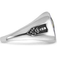 14K White Gold Men's Masonic Ring with Black Enamel and Cushion-Cut Imitation Blue Spinel - Grooved Band by IBGoodman